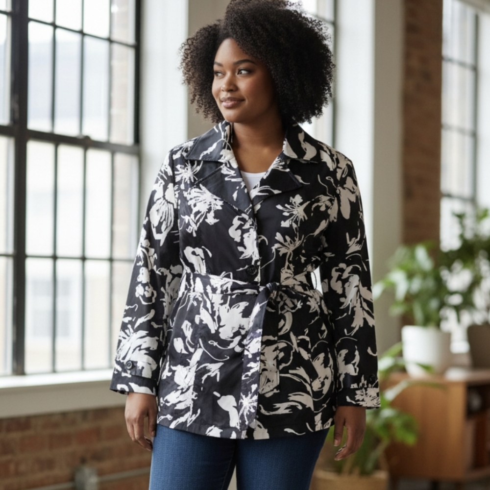 Chico's Floral Black White Button Up Light Trench Coat Women's Size 3 - XL